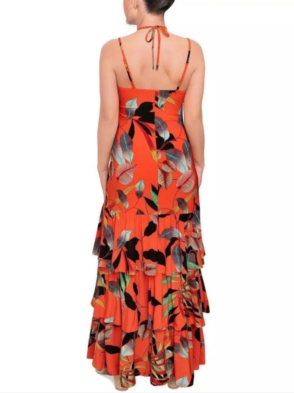 Rachel Roy Amaya Maxi Dress Sunset Vine Tropical Orange Jersey Halter Summer XL - Picture 5 of 8